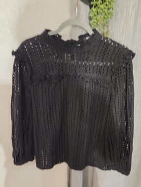 Madewell Black Eyelet Ruffle Yoke Long-Sleeve Top